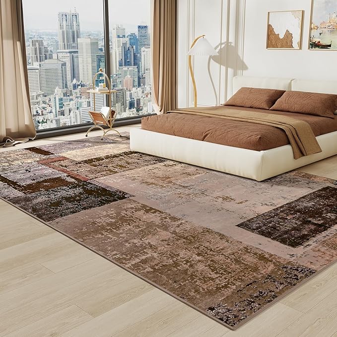 LOCHAS Rug for Living Room, Washable Soft Area Rugs for Bedroom 8x10, Abstract Carpet for Office Kids Dining Room Nursery Floor, Brown Pink Geometric Vintage Home Decor, Non Slip, Pet Child Friendly