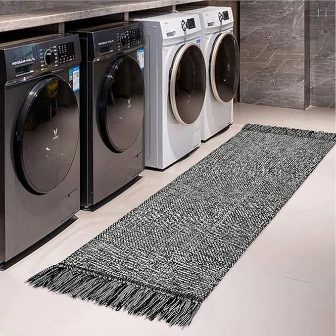 Collive Hallway Runner Rug, 2' x 6' Hand-Woven Reversible Washable , Black Cotton Modern Farmhouse Laundry Room Rug Long Carpet for Bathroom Sink Foyer Bedroom