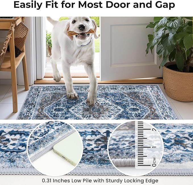 KOZYFLY Small Area Rug 2x3 Ft Rugs for Entryway Washable Boho Entry Rug Non Slip Door Mat Indoor Entrance Blue Printed Faux Wool Vintage Printed Kitchen Rug Throw Rugs for Entrance Kitchen Bathroom