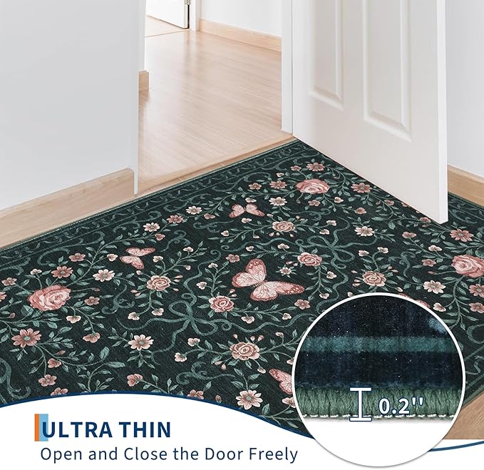 GarveeHome 3x5 Small Area Rug for Bedroom Floral Washable Rugs Non Slip Stain Resistant Living Room Throw Carpet Low Pile Dining Room Black Area Rug Butterfly Bow Rugs for Nursery Home Decor, 3x5