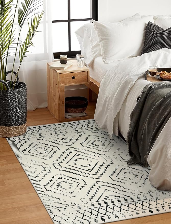 Wonnitar Moroccan 3x5 Area Rug, Washable White Non-Slip Entry Rug, Farmhouse Rustic Small Living Room Rug Tribal Non-Shedding Throw Mat Indoor Floor Carpet for Kitchen Bedroom Mud Room (Beige,3'x5')