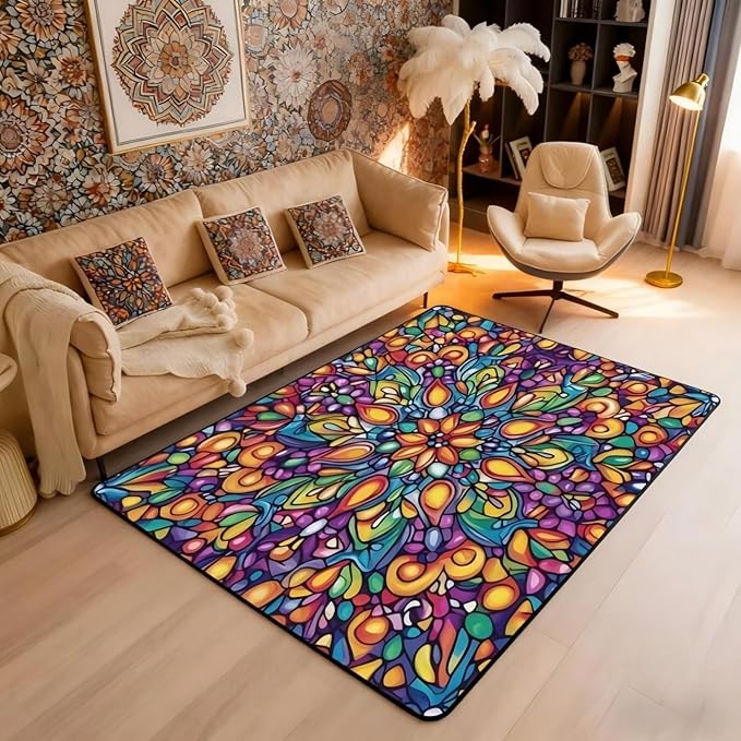 Vintage Mandala Area Rug 3x5 Bohemian Style Watercolor Flowers Rugs for Living Room | Boho Floral Washable Rug, Victorian Decor Antique Damask Carpet Indoor Floor Mat