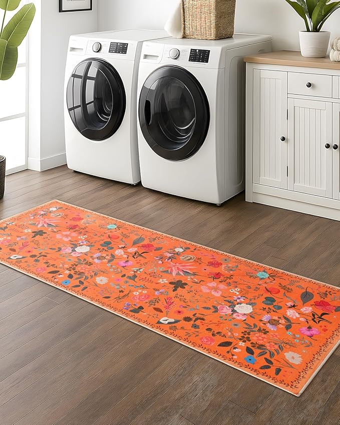 Boho Floral Runner Rug 2x6, Washable Non-Slip Kitchen Rug, Ultra Soft Vintage Carpet for Hallways, Kitchen, Bedroom, Bathroom (Orange)