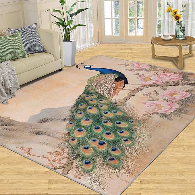 Peacock Peony Area Rug 4x5-4x5 Rug, Classic Peacock Peony Rugs for Living Room, Floral Animal Carpet, Peafowl Feather Washable Area Rugs for Bedroom, Aesthetics Carpet - Peafowl Home Decor & Gifts