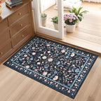 GarveeHome 2x3 Floral Rugs for Entryway, Non-Slip Soft Vintage Throw Door Mat, Low Pile Foldable Farmhouse Carpet, Non-Shedding Indoor Washable Small Rug for Bedroom, Dark Grey Blue