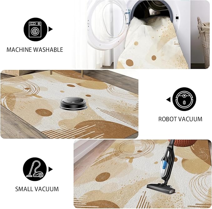Minimalist Abstract Area Rug 5x6 Beige Boho, Modern Washable Geometric Art Carpet, Soft Non-Slip Low-Pile Carpet for Living Room, Bedroom, Kitchen, Dining Room, Pet Friendly, Non-Shedding, Brown