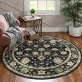 Washable Round Area Rug 4ft - Charcoal Black Traditional Floral Living Room Circle Rug 4x4 Non-Slip Farmhouse Carpet Soft Vintage Boho Round Rugs for Bedroom Bathroom Kitchen Entryway