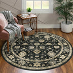 Washable Round Area Rug 4ft - Charcoal Black Traditional Floral Living Room Circle Rug 4x4 Non-Slip Farmhouse Carpet Soft Vintage Boho Round Rugs for Bedroom Bathroom Kitchen Entryway