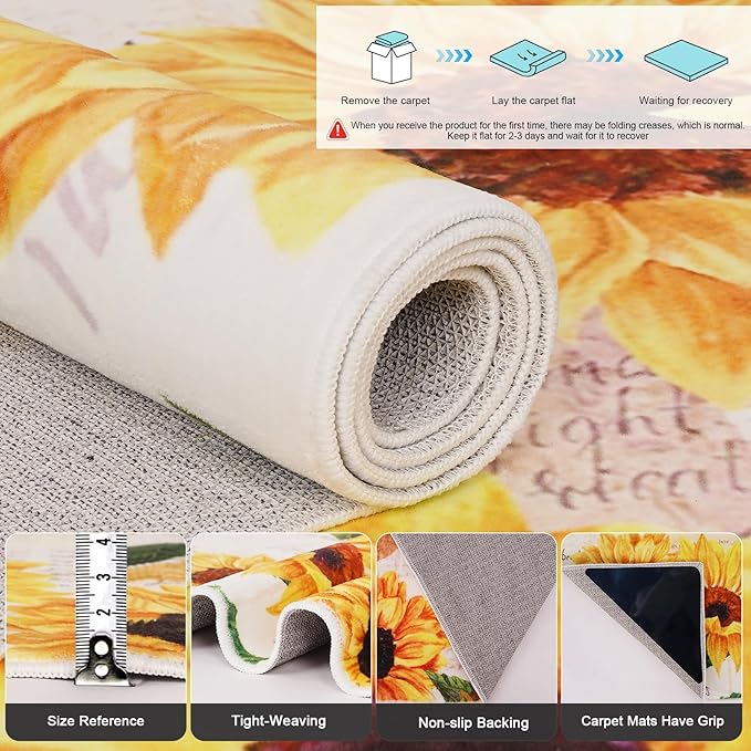 Sunflower Area Rug, 3' x 5' Non-Slip Washable Bedroom Rug, Small Indoor Vintage Oil Painting Artwork Rugs for Living Room Dining Table Entryway Bathroom Living Room Office Carpet