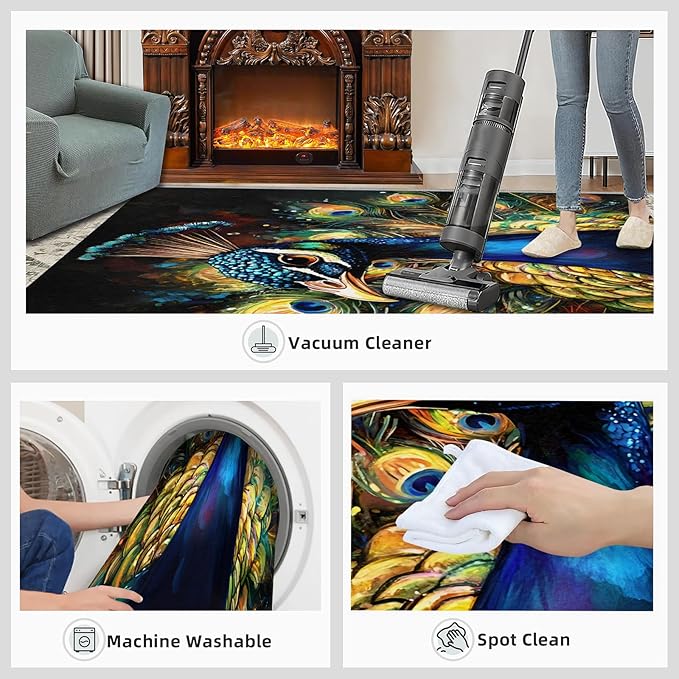 Peacock Rugs for Bedroom - 5x7 Area Rug - 3D Peacock Rugs for Living Room, Abstract Watercolor Animal Rug, Non-Slip Washable Home Decor Carpet