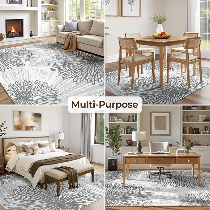 WITSHOCK 5x7 Washable Rug for Living Room,Modern Floral Distress Print Pattern Area Rugs,Stain Resistant with Non Slip Backing Carpet for Dining Room,Bedroom & Home Decor,Grey White