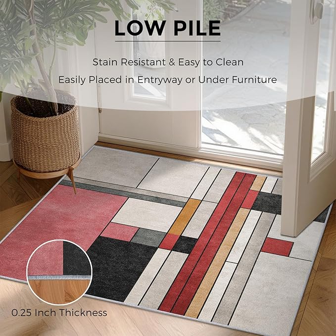 4x5 Abstract Geometric Rugs for Bedroom Decor, Washable Black White Red Geometry Pattern Area Rug, Living Room Home Decoration, Non Slip Soft Thin, Minimalist Modern Decor Carpet PF-P 49