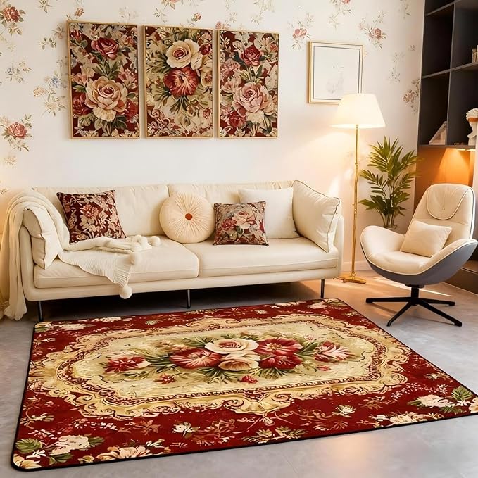 Elegant Red Floral 3 x 5 Area Rug Gold Geometric Rugs for Living Room | Bohemian Nordic Floral Washable Rug, Antique Decor Victorian Damask Carpet Indoor Floor Mat
