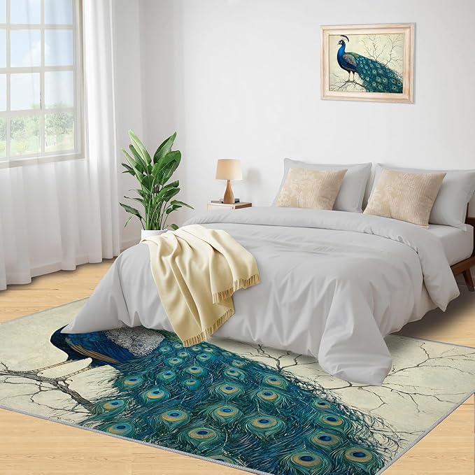 Peacock Area Rug 6x9-6x9 Rug, Peafowl Rugs for Living Room, Teal Turquoise Carpet, Modern Style Washable Area Rugs for Bedroom, Peacock Feather Carpet - Peafowl Home Decor & Gifts
