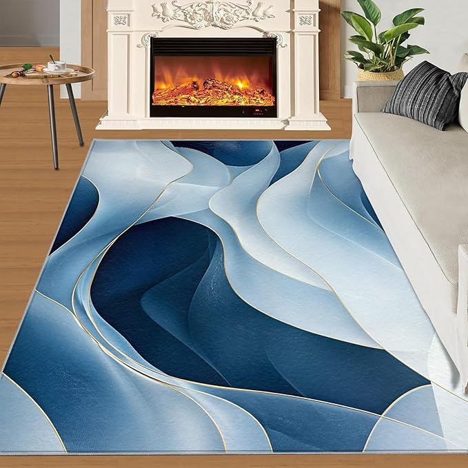 4x5 Abstract Lines Indoor Outdoor Rug - Blue-White-Waves Bedside Rug, Modern Abstract Washable Entry Way Rugs Kids Carpet for Inside House Playroom Living Room End Table Nursery