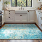 Ompaa Living Room Rug 5x7 Teal Blue Area Rug Machine Washable Boho Rug Non Slip Abstract Vintage Indoor Large Rugs for Bedroom, Classroom, College Dorm, Farmhouse, Dining Room, Kids Playroom