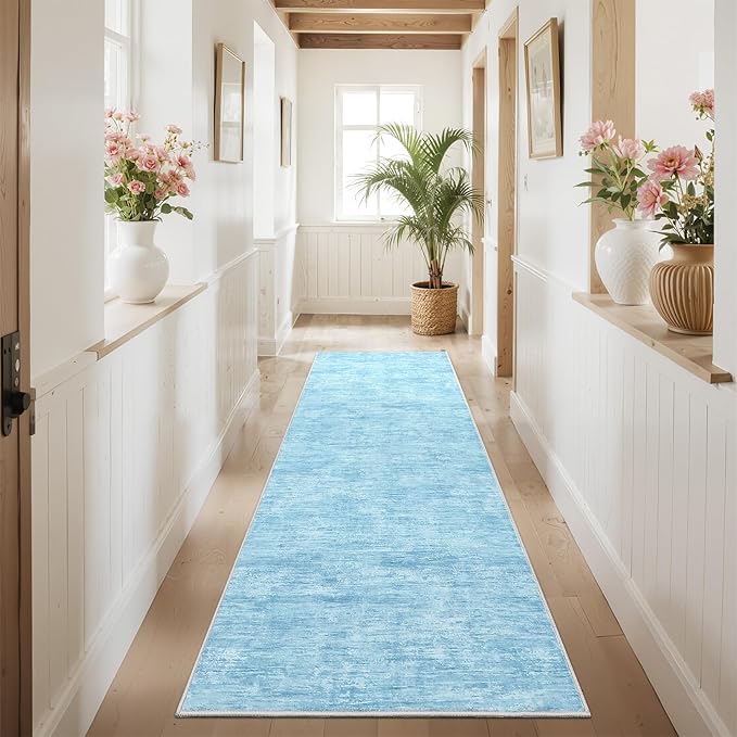 RUGSREAL Modern Runner Rug 2.5x8 Stain Resistant Washable Kitchen Runner Carpet with Rubber Backing Low Pile Contemporary Solid Color Entryway Mat Ultra Soft Rug for Living Room Bedroom, Blue