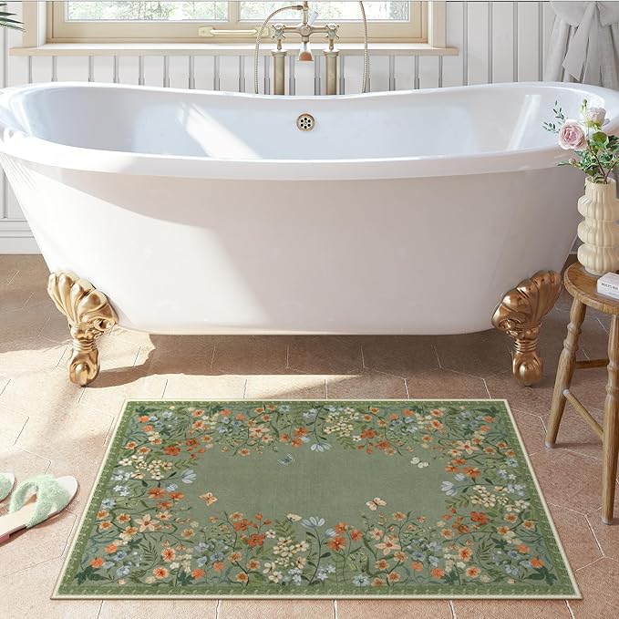 Lahome Boho Floral 2x3 Kitchen Rugs Green Door Mat Indoor Entrance,Machine Washable Small Bathroom Area Rug,Soft Non-Slip Indoor Carpet Throw Rugs for Entryway Laundry Bedside(Green,2x3)