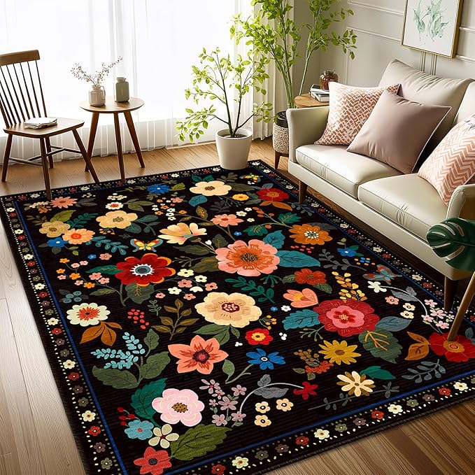 Floral 4x6 Area Rug Machine Washable Soft Print Boho Carpet Non Slip Doormat Low Pile Flower Area Rugs for Living Room Bedroom Nursery Kitchen Dining Room Indoor-Black