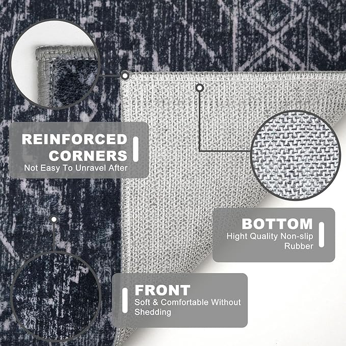 KILOCOCO Boho Kitchen Runner Rug 2x5 Washable Runner Rug, Soft Runners for Hallways Non Slip Printed Distressed Laundry Room Rug, Low-Pile Rug for Entryway/Bedroom/Living Room, Black/Navy