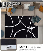 YIHOUSE Modern Washable Area Rug for Living Room Bedroom - Large Abstract Black and White Rug Non-Slip Ultra-Thin Home Decor (Dark Curve, 5'x7'ft)