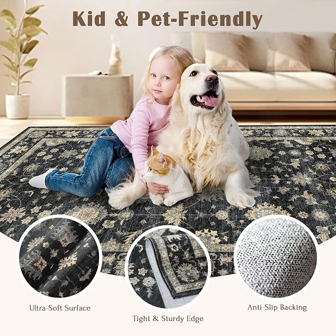 2x3 Washable Entry Rug - Small Entryway Area Rug Non-Slip Door Mat Indoor Entrance Charcoal Black Vintage Floral Kitchen Rug Low Pile Boho Throw Rugs for Entryway Bedroom Bathroom