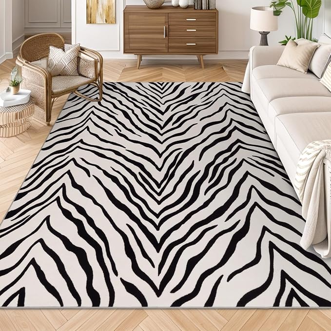 YIHOUSE Tiger Washable Area Rugs 6'x9', Black and Beige Modern Rug for Living Room, Bedroom, Ultra Thin Animal Stripe Print Rug for Girls Boys Nursery, Playroom, Dorm Room