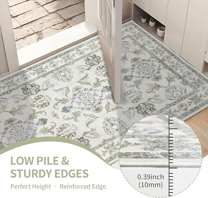 5x7 Washable Area Rugs Beige and Sage Green Vintage Boho Floral Farmhouse Rug for Living Room Bedroom, Non Slip Low Pile Carpet