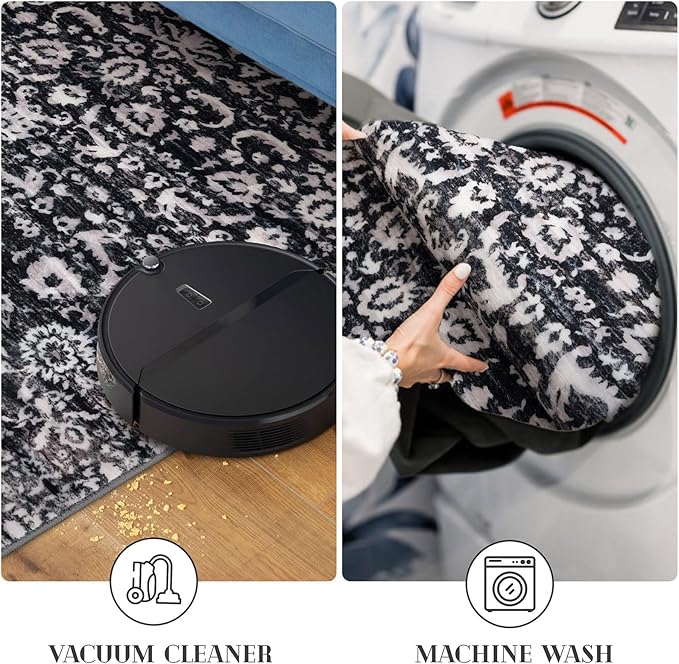 Hallway Runner Rug, Black and White Washable Runner Rug 2x8 Vintage Floral Kitchen Rug Runner Non Slip Boho Thin Printed Faux Wool Super Soft Carpet for Entryway Bedroom Laundry Room Indoor