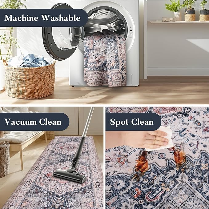 PURRUGS Vintage Farmhouse Boho Runner Rug 2'6" x 6', Non-Slip Machine Washable Rug, Accent Area Rug for Kitchen, Hallway, Entryway, Bedroom, Living Room and Dining Room, Coral Red/Marine Blue