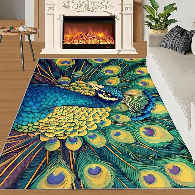Peacock Rug 5x7-5x7 Rug, Wonderful Peacock Area Rugs for Bedroom, Teal Turquoise Rugs for Living Room, Modern Style Washable Mat, Malachite Green Feather Carpet - Peafowl Home Decor & Gifts