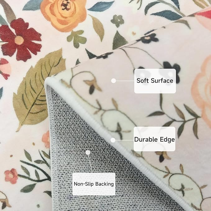 Floral Rug Door Mat Indoor Entrance 2x3 Rug Washable Small Area Rug Non-Slip Low-Pile Floor Carpet for Indoor Entryway Front Entrance Kids Room（Pink）