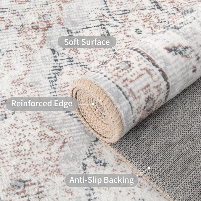 Easy-Going Round Rug 6ft Area Rug Washable Boho Circle Rugs for Living Room Non-Slip Bedroom Rug Low Pile Lightweight Vintage Distressed Throw Rug for Dining Room Kitchen Home Office, Grey Brick