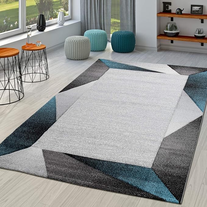 Paco Home Modern Area Rug Bordered with Geometric Pattern Turquoise Grey with Contour Cut, Size: 5'3" x 7'7"