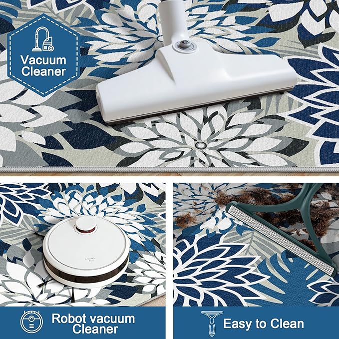 2x3 Washable Small Rug Tropical Botanical Modern Floral Indoor Chenille Door Mat Carpet Non Slip for Patio, Entry Way, Entrance, Porch, Blue