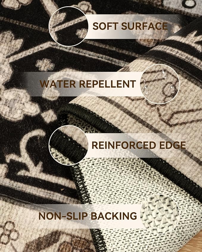 Area Rugs 8ft Washable Non-Slip, Floral Vintage Distress Print Pattern Medallion Carpet for Living Room Bedroom Dining Room, Black Brown Neutral Dark Tan