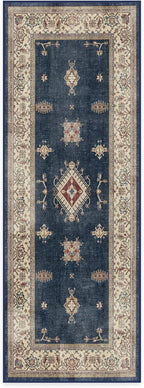 RUGGABLE Washable Vintage Runner Rug – Verena Sapphire 2.5x7, Stain-Resistant, Non-Slip Hallway Runner – Machine Washable Rug for Hallway, Entryway, Living Room & Kitchen–with Standard Pad