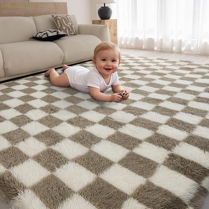 5x7 Area Rugs for Living Room Bedroom, Soft Fluffy Shaggy Bedside Rug, Indoor Floor Carpet for Kids Playroom, Dorms, Nursery Rooms, Home Decor (Camel & White 5'x7')