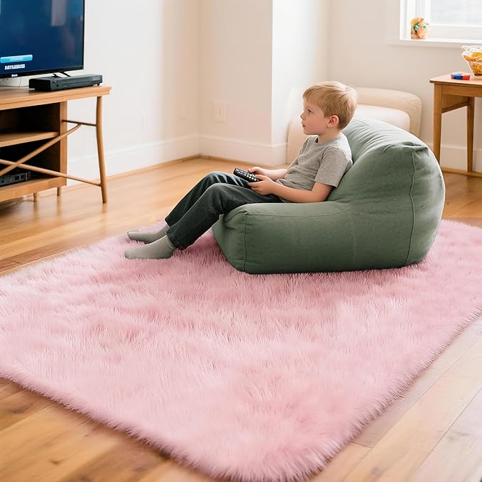 4x6 Solid Fluffy Pink Area Rug – Washable, Durable, Living Room Rug, Non-Slip High Pile Shag Rugs for Bedroom, Living Room, Bedside, Dorms, Nursery Rooms, Kids Room, Soft Indoor Floor Carpet