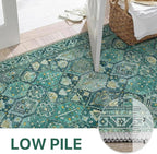Bavni Washable Rug 6x9 Area Rug for Living Room Bedroom Dining, Washable Vintage Print Carpet, Ultra-Thin Chenille Low Pile Lightweight Rug with Non Slip Backing, Dark Green