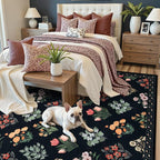 Wonnitar Floral Print Rug for Living Room, Black Washable 5x7 Area Rugs, Ultra-Thin Non Slip Stain Resistant Bedroom Carpet for Dining Room Playroom Office Dorm, Black/Multi
