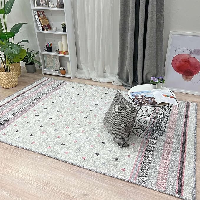 Alfa Rich 4x6 Mauve Gray Off White Washable Area Rugs for Living Room Bedroom Kitchen Decor Cotton