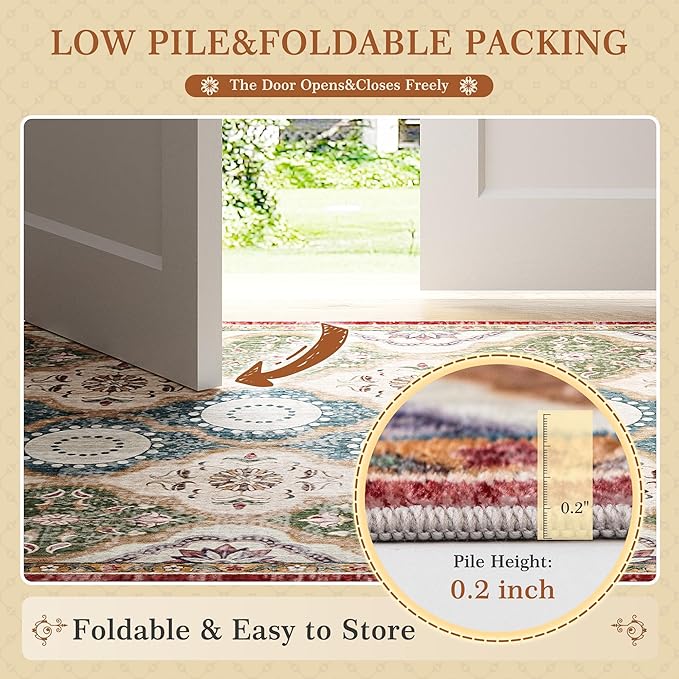 EnHomee 8x10 Area Rug, Soft Washable Rugs for Living Room Bedroom, Boho Non Slip Low Pile Stain Resistant Washable Rug Large Area Rugs for Dining Room,Easy to Clean Living Room Rug, Red & Green