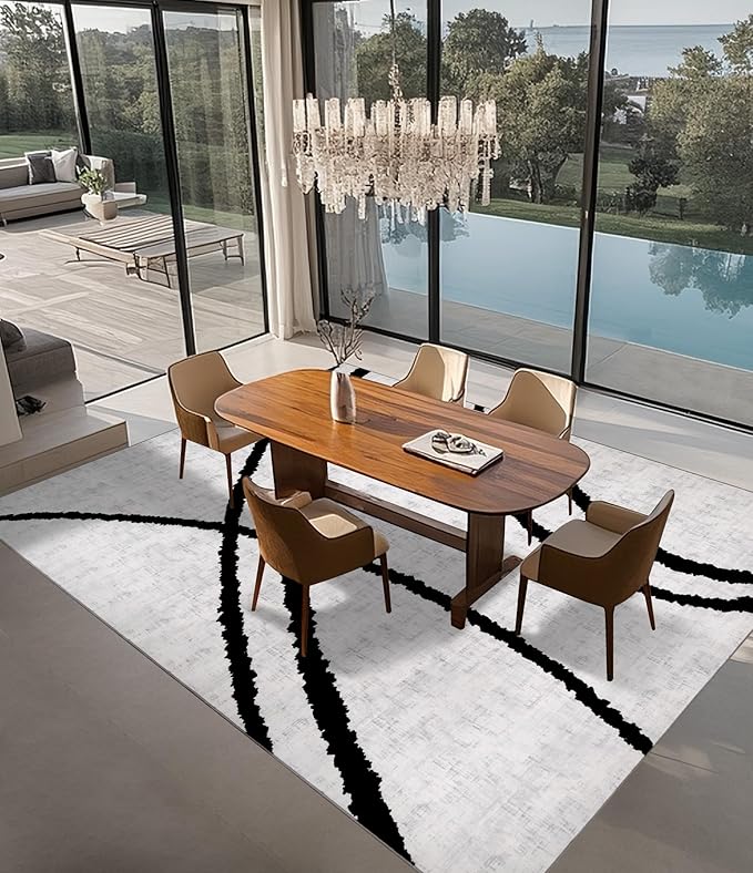 YIHOUSE Modern Area Rugs for Living Room, 9x12 Washable Black and White Rug, Thin Abstract Geometric Striped Rug, Area Rug for Bedroom,Kitchen,Dining Room,Office