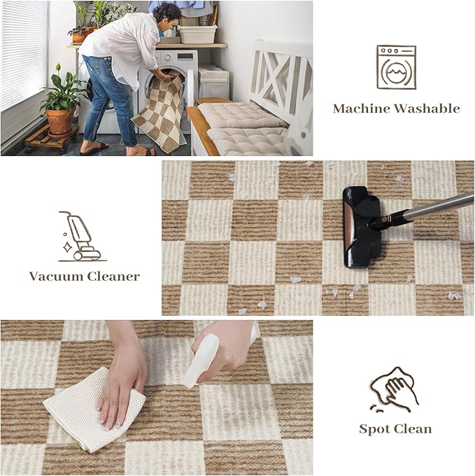 LIVEBOX 4x6 Washable Area Rug Checkered, Non-Slip Small Entryway Rug Brown Farmhouse Neutral Classic Geometric Boys Rug for Bedroom Living Room Low-Pile Carpet for Indoor Kitchen Bathroom(Brown 4'x6')