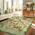 Floral Bedroom Rug - 4x6 Washable Area Rugs Non-Slip Soft Low-Pile Stain Resistant Carpet Flower Print Vintage Indoor Rug for Living Room Dining Room Office Nursery Room, Green