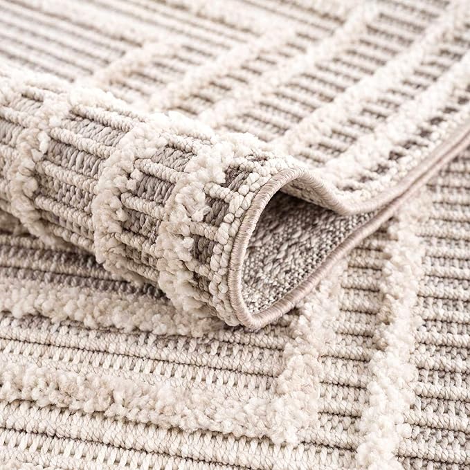 Hauteloom Lunao Farmhouse Living Room Bedroom Moroccan Square Pattern Abstract Runner Rug - Soft Shaggy High Low Carpet - High Pile - Bohemian, Boho - Gray, Brown, Beige, Cream - 2'7" x 7'3"