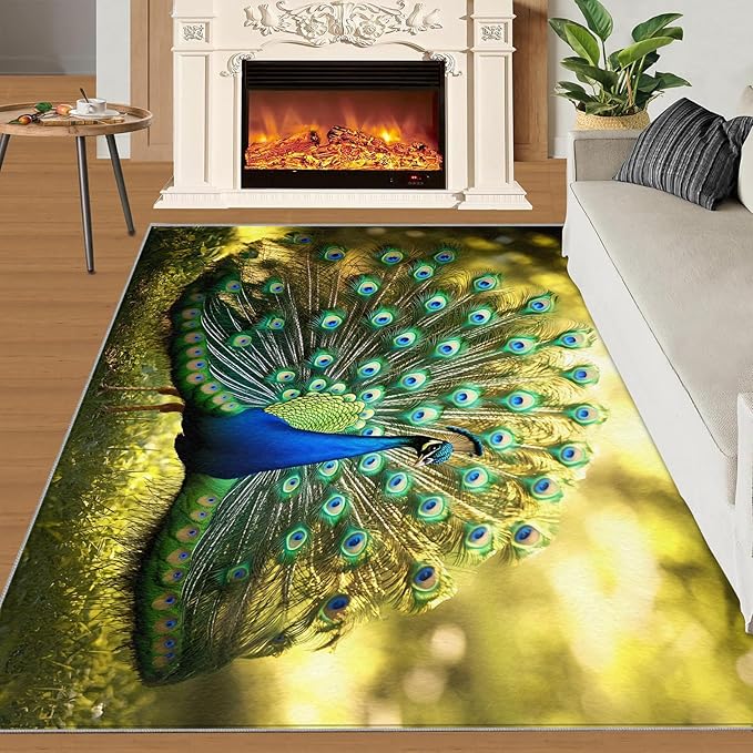 Peacock Rug 5x7-5x7 Rug, Wonderful Peacock Area Rugs for Bedroom, Nature Rugs for Living Room, Modern Style Washable Mat, Aesthetics Carpet - Peafowl Home Decor & Gifts