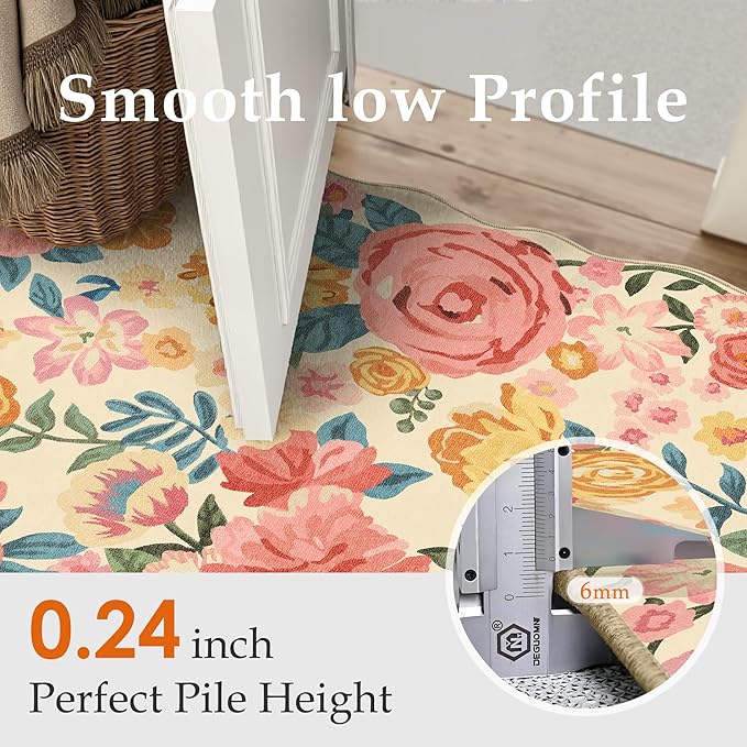 Washable Floral Runner Rug 2x8 Beige Hallway Carpet Scalloped Flower Non Slip Soft Long Kitchen Runner Farmhouse Low Pile Thin Indoor Floor Cover for Bathroom Bedroom Laundry Room Entryway