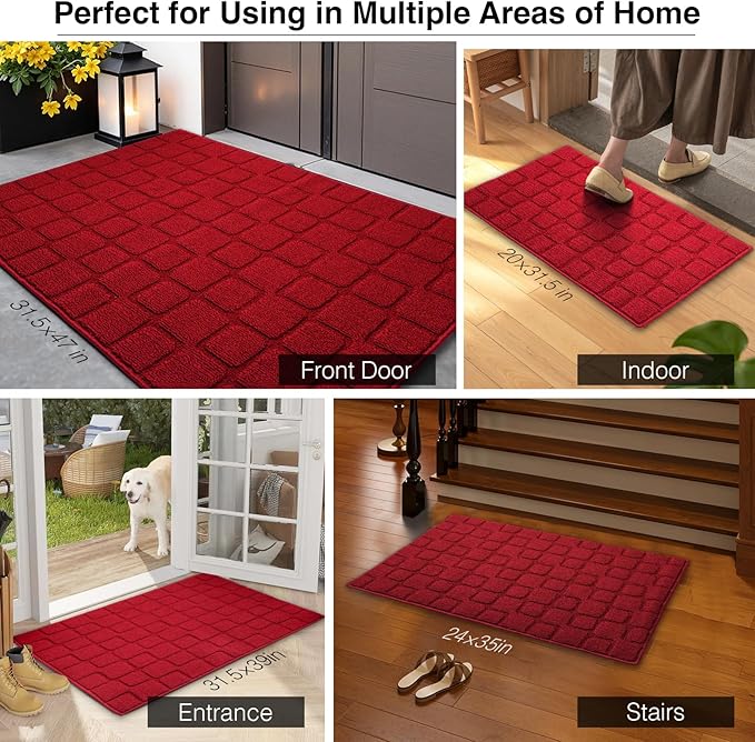 Front Door Mat Outside Entrance, Outdoor Indoor Door Mats for Entryway, Entrance, Entry, Patio, Waterproof Non Slip Doormat, Low-Profile, 20" × 31.5“, Red